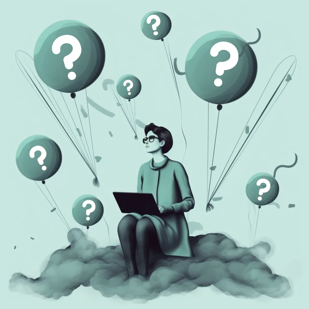 Drawing of a woman on a cloud, looking up into the air with a questioning expression. Around her are balloons with question marks, symbolizing many questions.